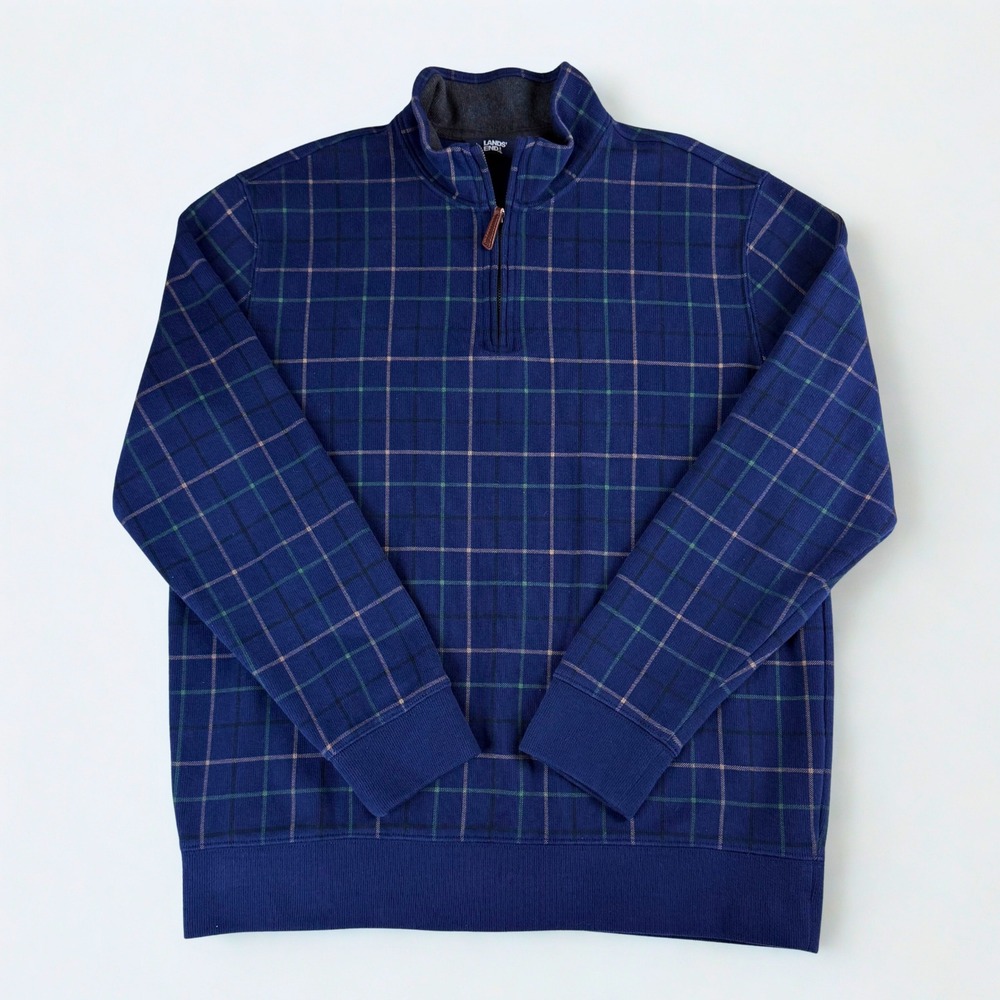 Lands End Plaid Quarter Zip‎ Pullover Mens L Blue Ribbed Cotton Blend Sweater